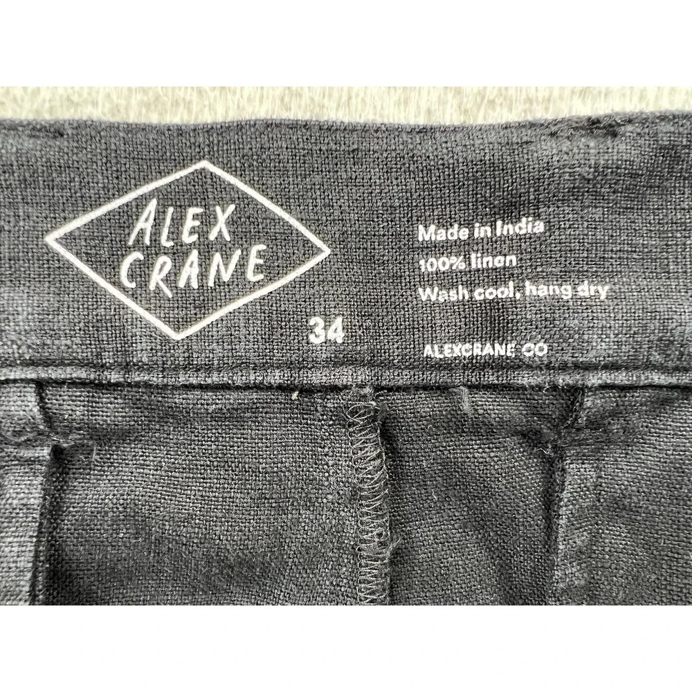 Alex Crane Pants Mens 34x28 Black Regular Fit 100% Linen Pleated Chino Casual